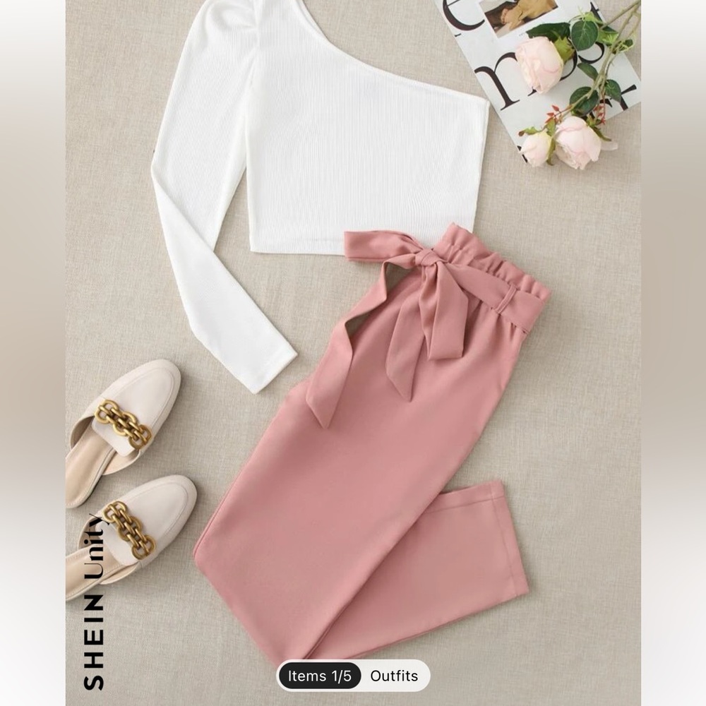 One shoulder top & paperbag waist belted pants set